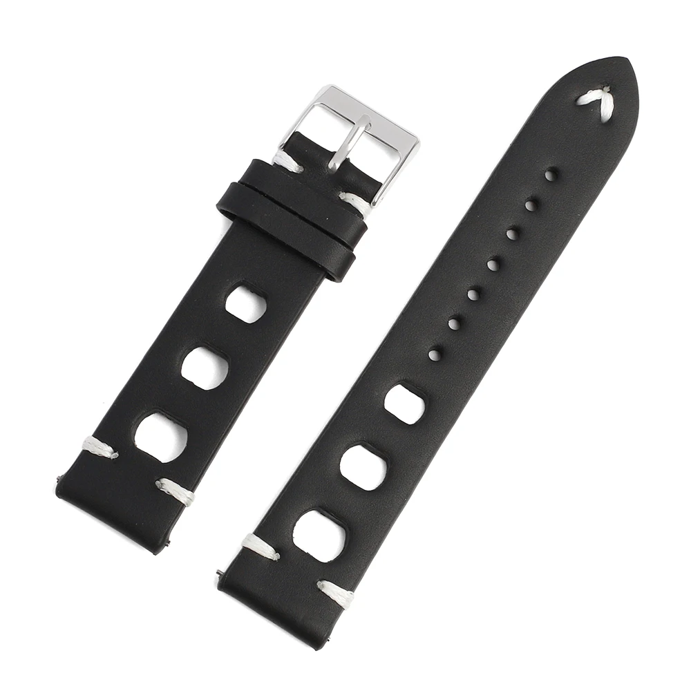 Vintage Genuine Leather Racing Watch Band with Quick Release and Breathable Design, Handmade Stitching
