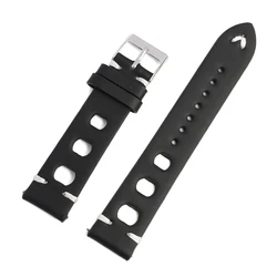 Vintage Genuine Leather Racing Watch Band with Quick Release and Breathable Design, Handmade Stitching - 22mm (Black)