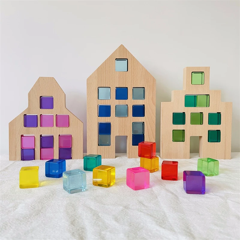 Wooden Rainbow Acrylic Blocks, Color Wood Building Block