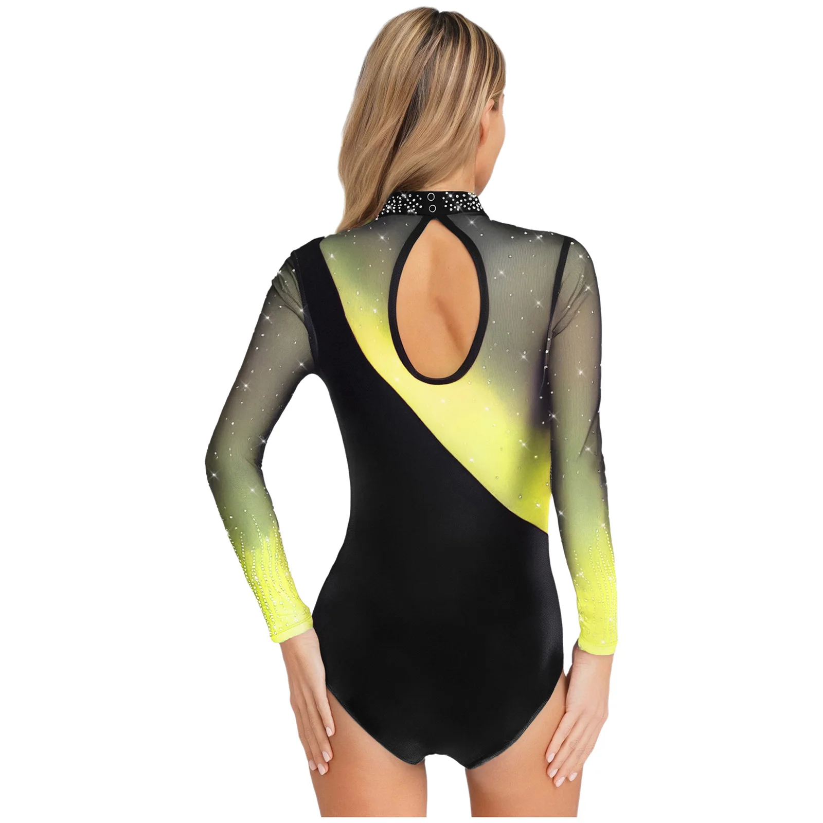 Damen Gymnastik Eiskunstlauf Performance Kostüm Metallic Ballett Jersey Tanz Trikot Overall Glänzende Strasssteine Body – Detail 16