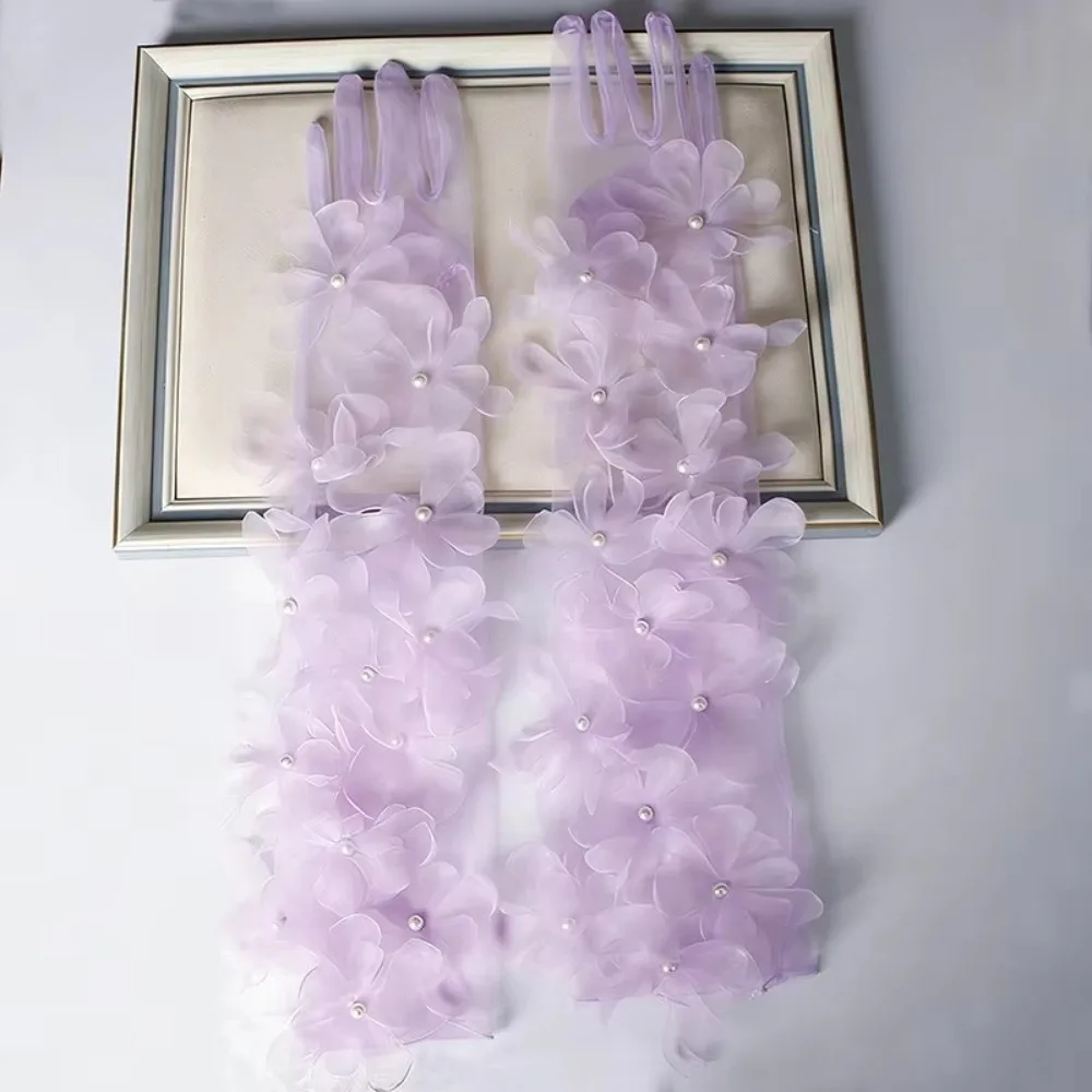 투명한 메쉬 입체 꽃무늬 장갑 진주 레이스 긴 장갑 우아한 얇은 신부 가운 액세서리 웨딩 장식품