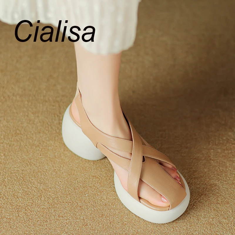 

Cialisa Women Sandals 2023 Summer Shoes Daily Dress Handmade Genuine Leather Slip-On Thick Heels Lady Footwear Beige Apricot 40