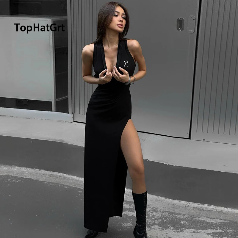 

European and American style sexy slit backless sleeveless dress 2024ins summer new slim long skirt for women