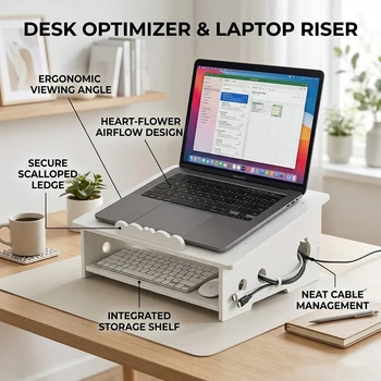 Supporto per Laptop Bianco con Ripiano Portaoggetti, Stand Ergonomico per Notebook con Gestione Cavi