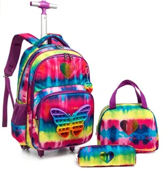 3PCS Girls Rolling Backpacks for school Kids School Backpack with Wheels for School Trolley Bags Children Rolling Luggage Bags