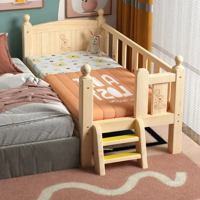 Nordic Solid Wood Children's Beds with Guardrails Children's Furniture Widened Spliced Large Beds for Children Boys Sleeping Bed