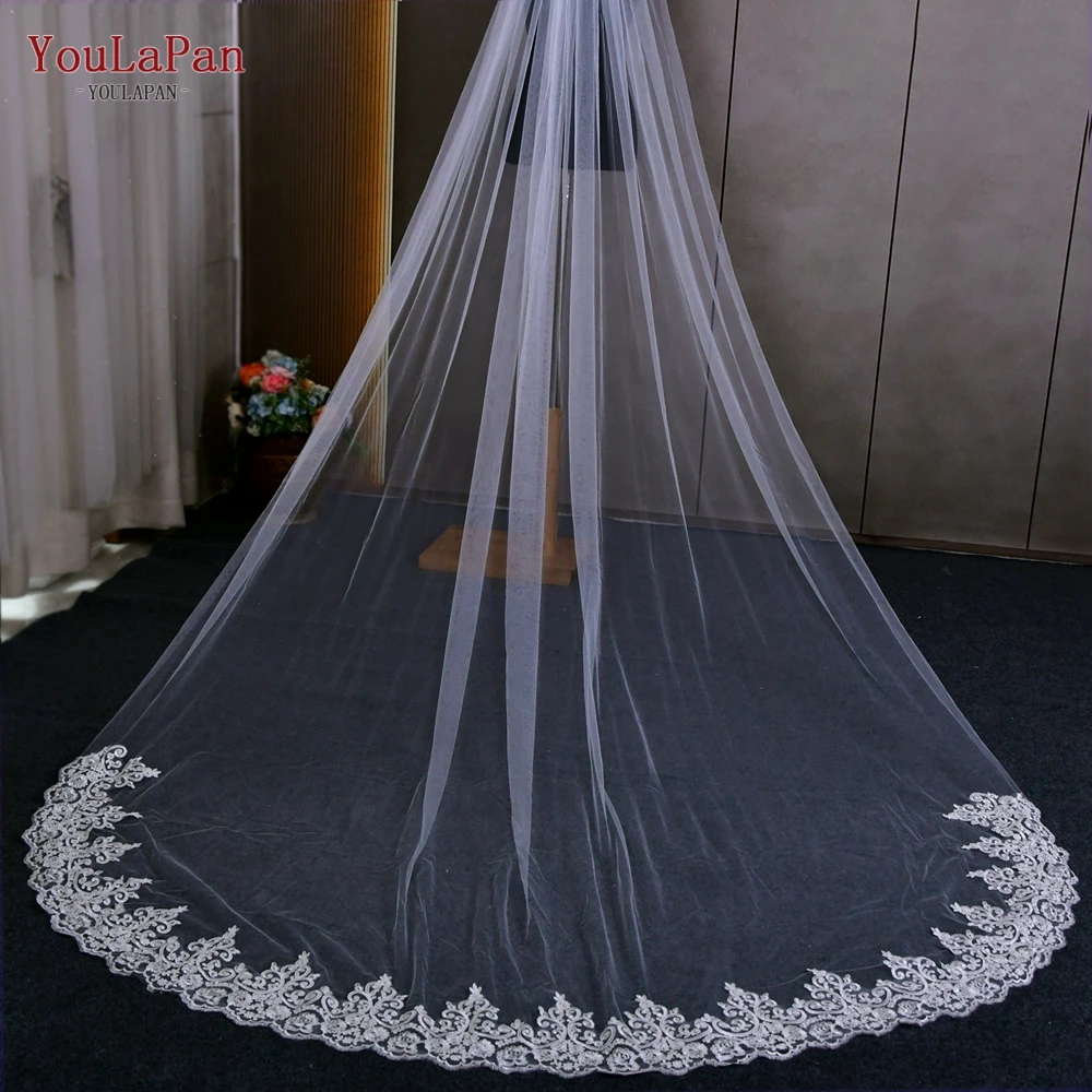

YouLaPan V70 Lace Edge Bridal Veil 1 Tier Soft Wedding Veil With Comb Embroidered Appliqued Royal Cathedral Lace Wedding Veil