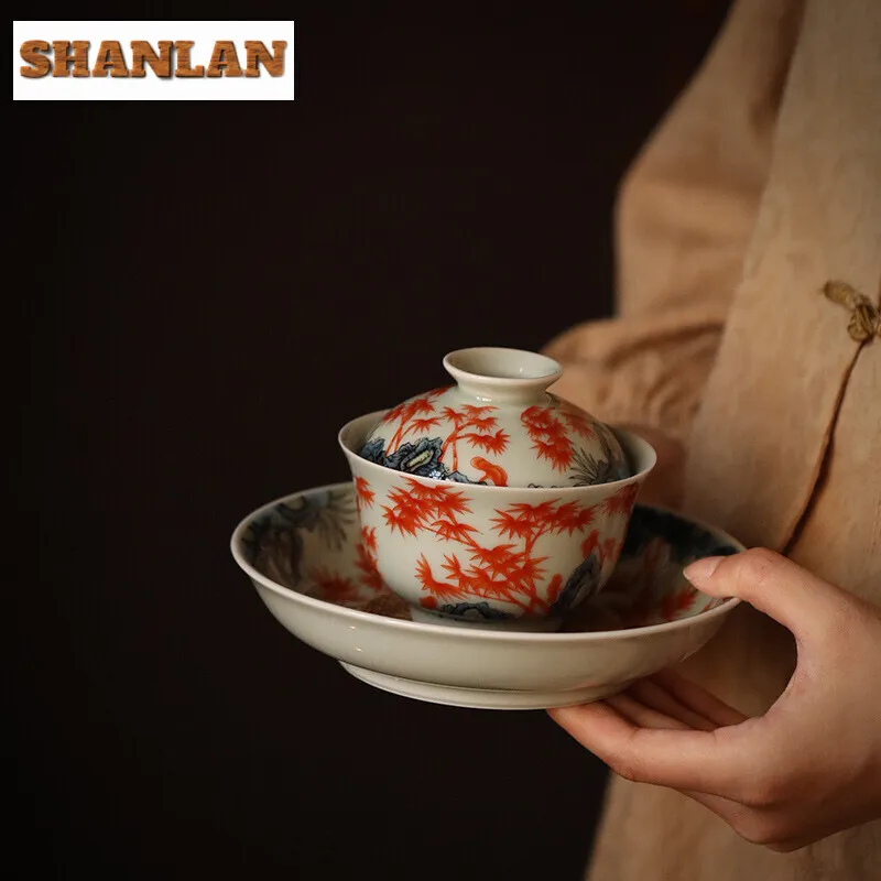 125ml Ancient Blue Glazed Handmade Cover Bowl Set Household Hand-painted Red Bamboo Gaiwan Vintage Tea Tureen Tea Maker Gift