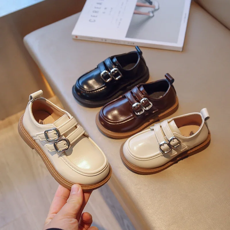 Leather shoes mary jane shoes girls flats Boys Uniform School Shoes Double Buckle Simple Black Spring Soft Casual Kids Fashion Girls Child Leather Shoes Classic