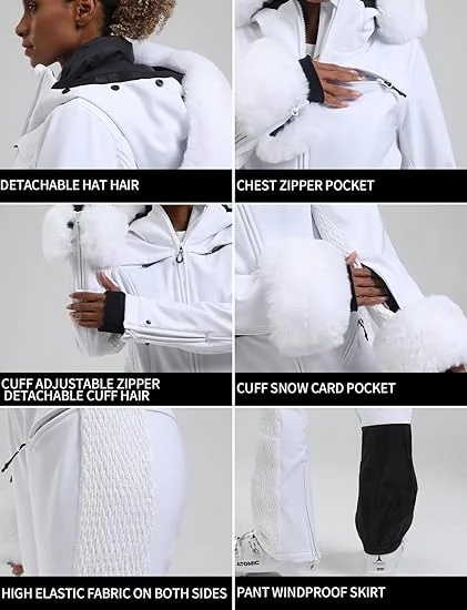 GSOU SNOW Ski Suit Women One Piece Snowsuit Slim Ski Jumpsuit Faux Fur Snowboard Waterproof Windproof Insulated Warm Hooded