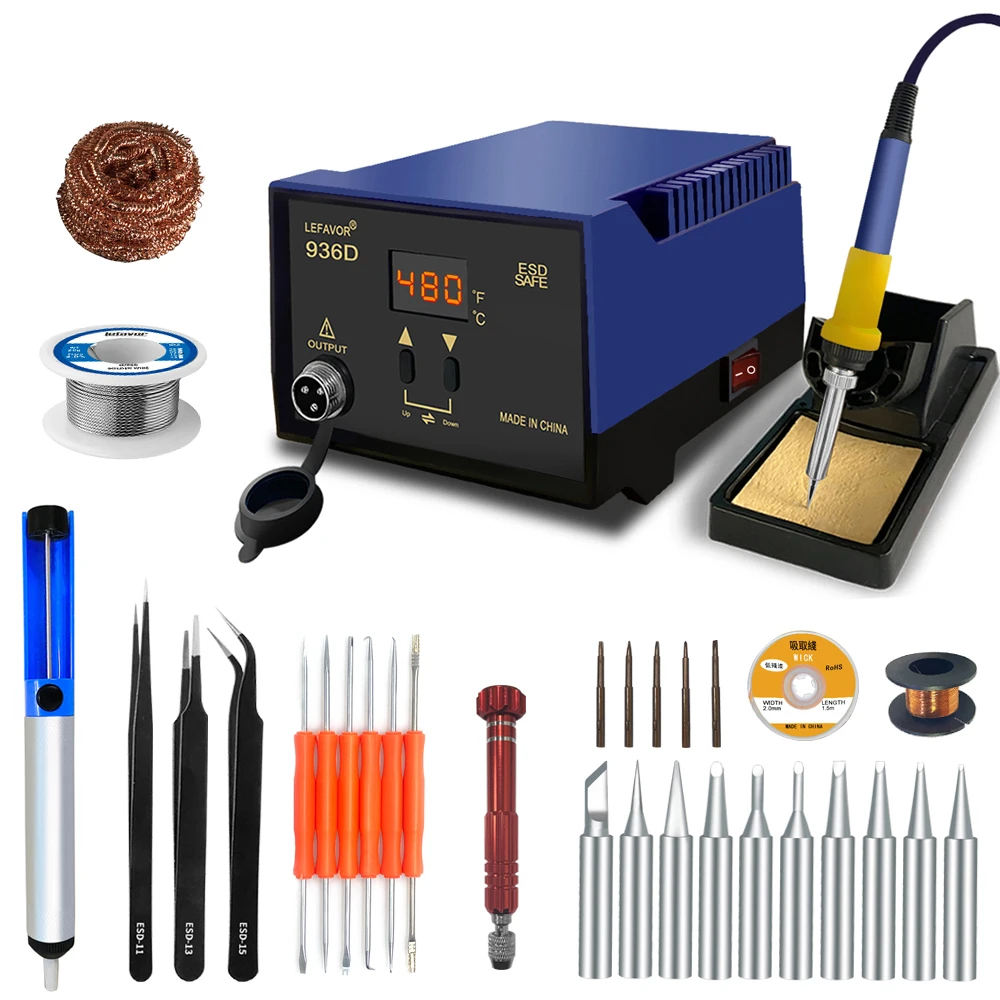 936D 60W digital soldering iron Soldering Stations Fast temperature adjustment C/F sleep 200-480 for BGA Welding tool set woodworking artifact square wooden handle hammer making gold and silver tools jewelry adjustment processing tool