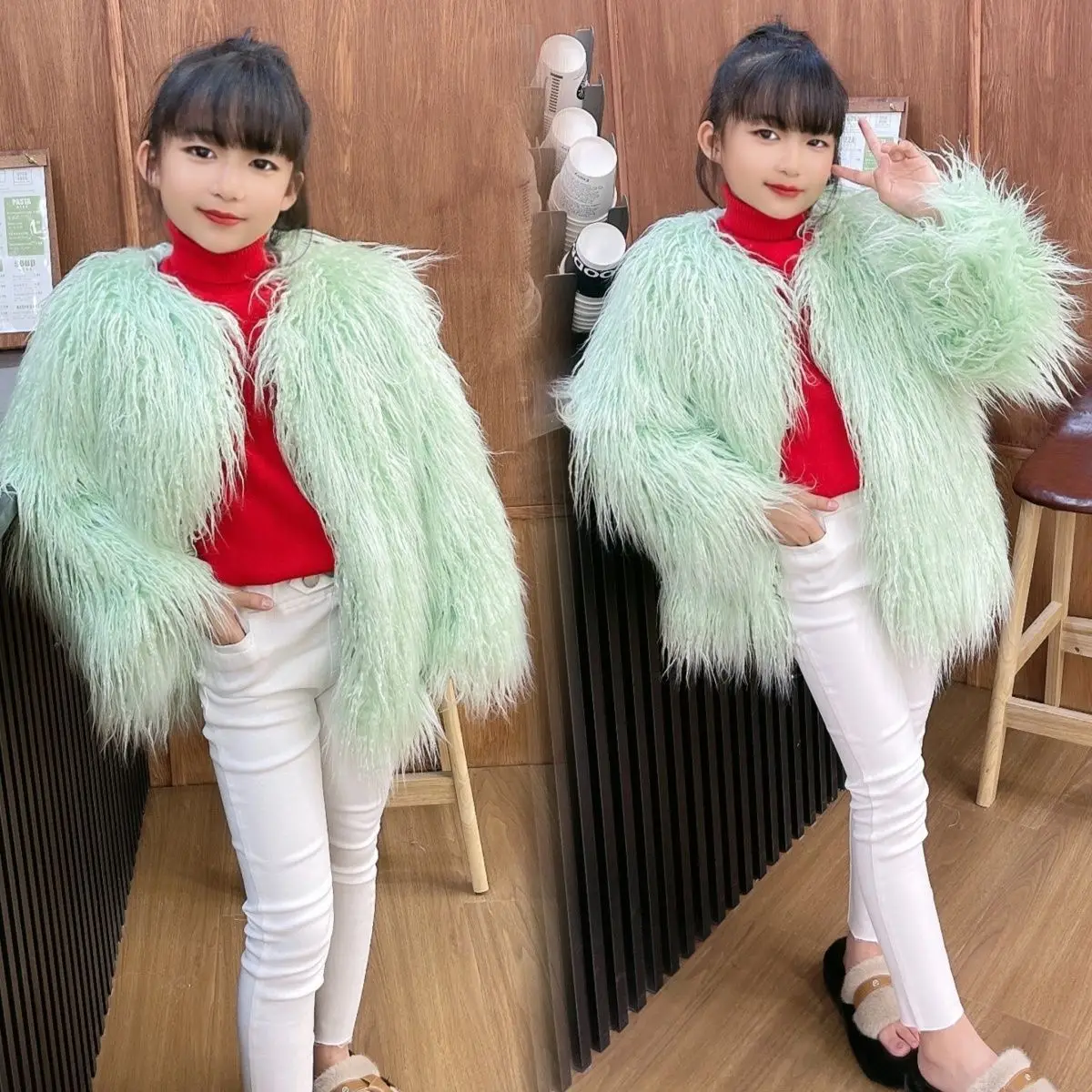

2023 New Girls' Faux Fox Fur Grass Coat Autumn and Winter Little Big Kids' Clothing Baby Fur Thickened Cotton Coat