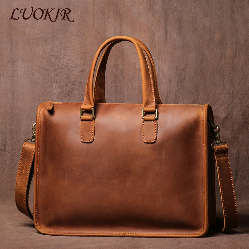 Leather Briefcase LUOKIR Real Leather Handbag Men Vintage Crazy Horse Cowhide Office Computer Bag for 14 Inch Laptop