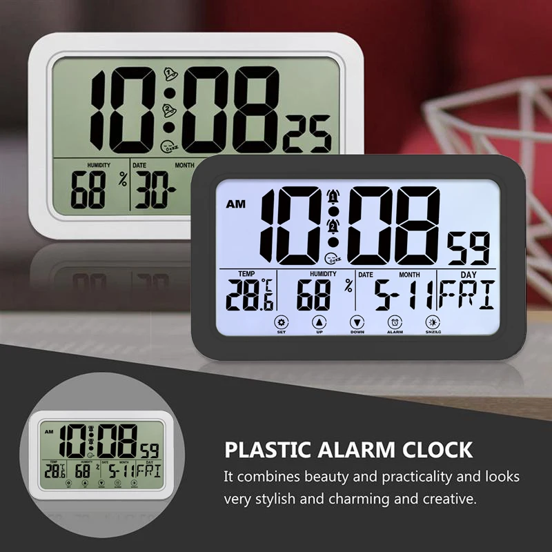 

Digital Wall Clock LED Date Time Temperature Calendar Display Humidity Meter Thermometer Hygrometer Electronic Table Alarm Clock