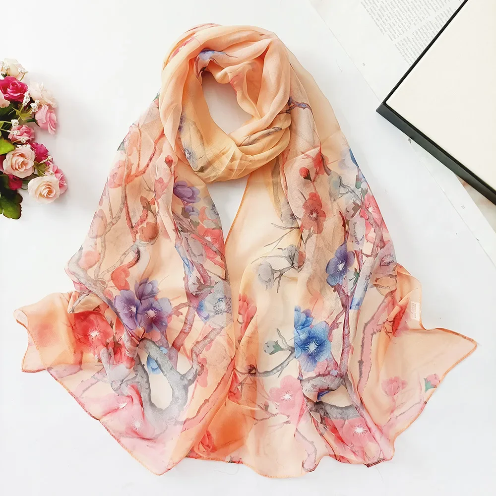 Silk Scarves Women Chiffon Wraps Shawls Thin Hijab Scarf For Ladies Floral Print Bandana Head Scarfs Sunscreen Long Neck Scarf - 4