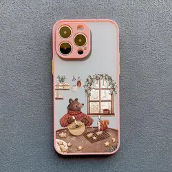 Whimsical Cartoon Animal Phone Case Featuring Bear, Fox, and Squirrel Design - iPhone 14 (Pink KTCJ 5)