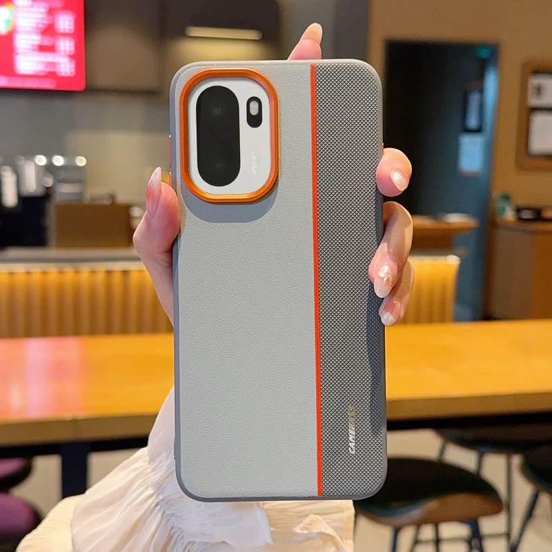 Luxury Leather Texture Color-block Design Shockproof Bumper Back Cover with Metal Camera Lens Ring
