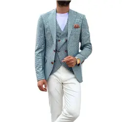 Blue Houndstooth Coat Blazer Trousers Summer Lightweight Fabric Social Suit White Pants 3pcs Jacket Vest Pants Men Clothing Sets