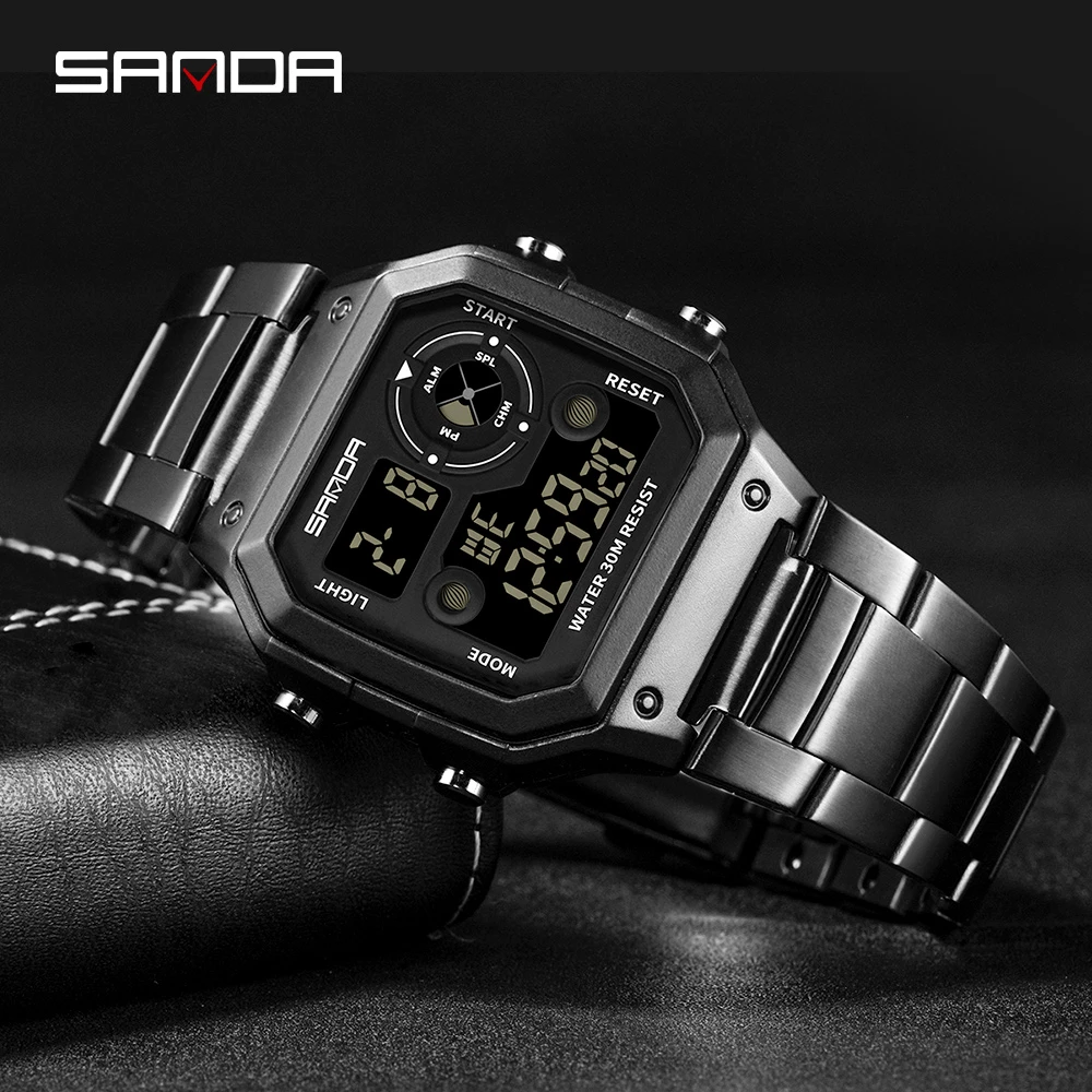 SANDA square steel band watch tide men’s watch hip hop Retro Gold Waterproof Leisure Sport Electronic Watch retro digital watch