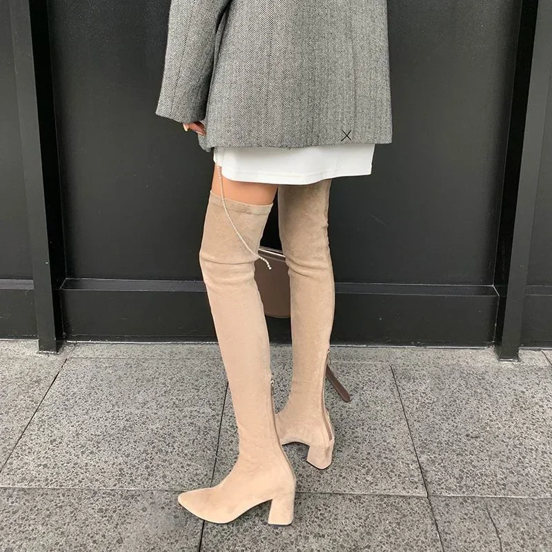 Sexy High Boots Women Winter Fashion Over The Knee Warm Botas Mujer Suede Lace Up Pumps Sock Shoes High Heels Boots women high heel boots
