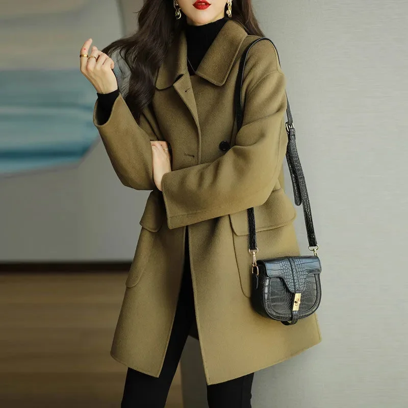 

2023 Spring Autumn New Off-season Woolen Coat Women's Coffee Color Thickened Korean Version Slim Mid-Length Loose Woolen Coat W7