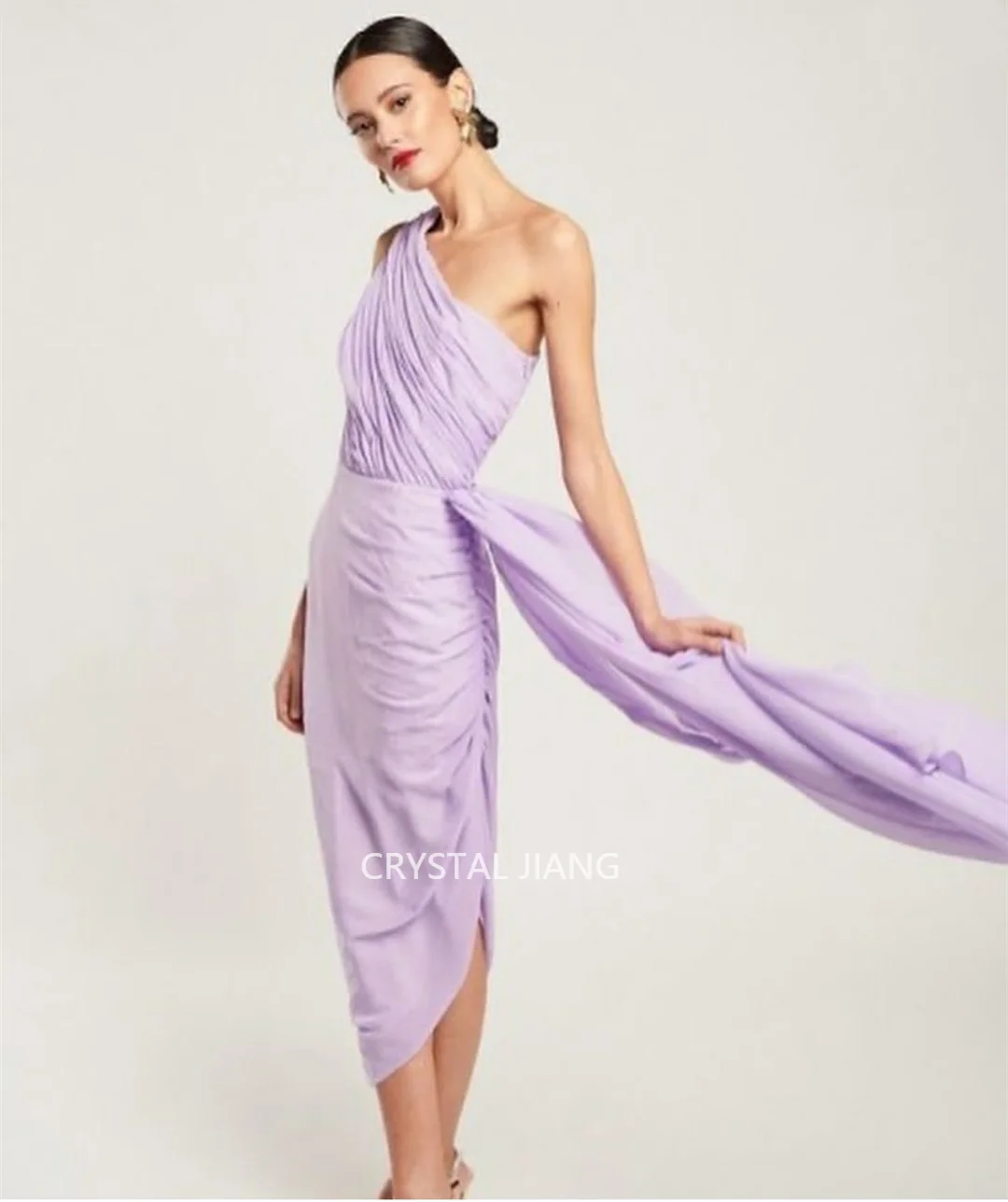

Short One Shoulder Chiffon Purple Evening Dress With Slit فساتين السهرة Sheath Ankle Length Prom Dress Robe de soirée for Women