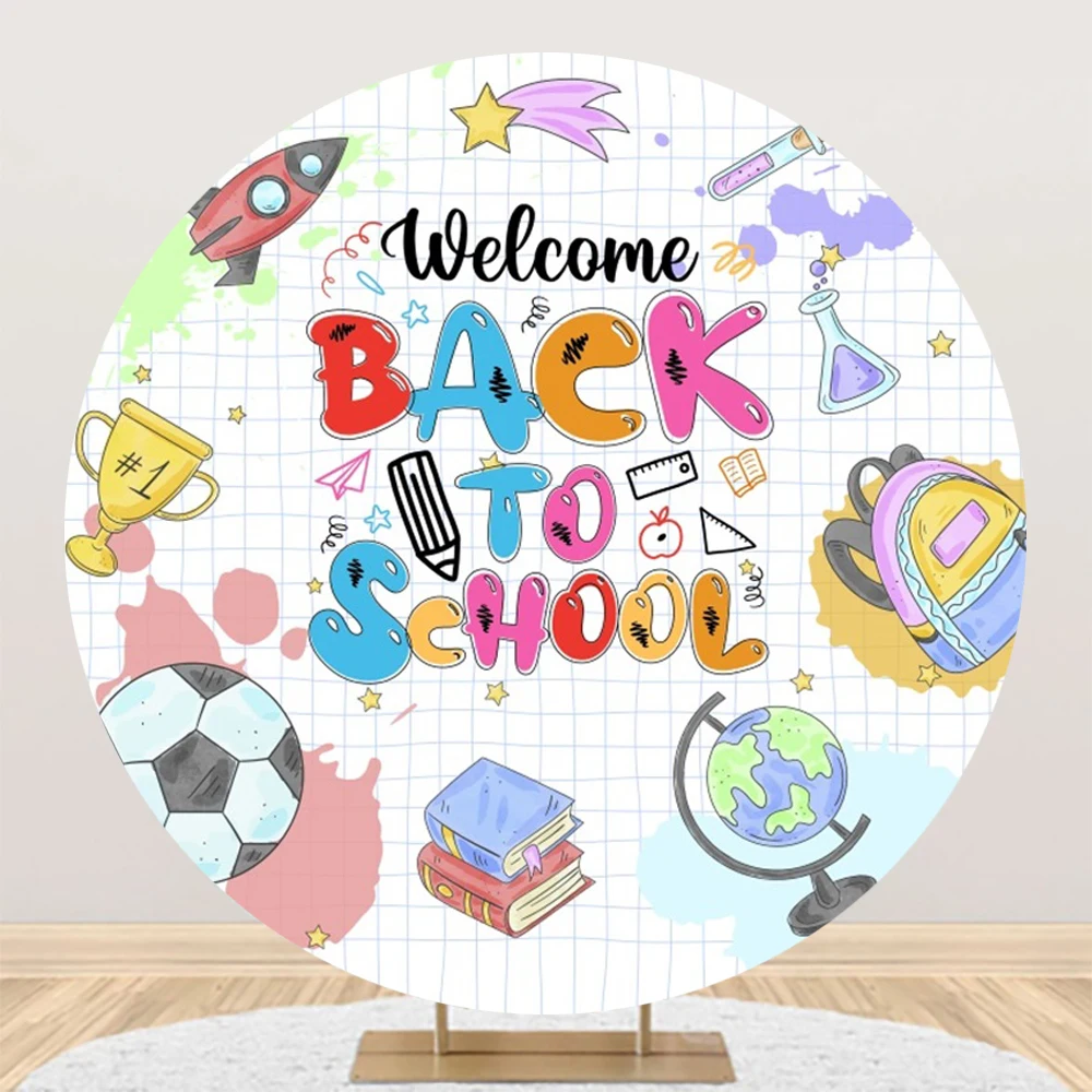 

Laeacco Welcome Back To School Round Backdrop Kindergarten Classroom Decor Books Blackboard Kids Portrait Photography Background