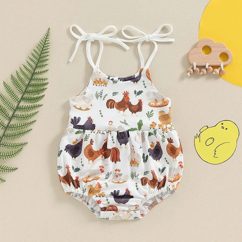 

2024-04-17 Lioraitiin Baby Girl Summer Romper Casual Bandage Straps Chick Print Sleeveless Jumpsuit for Newborn Cute Clothes