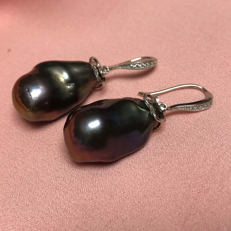 ELEISPL JEWELRY 14x22mm Baroque Black Pearl Dangle Earring Hook #230030-5
