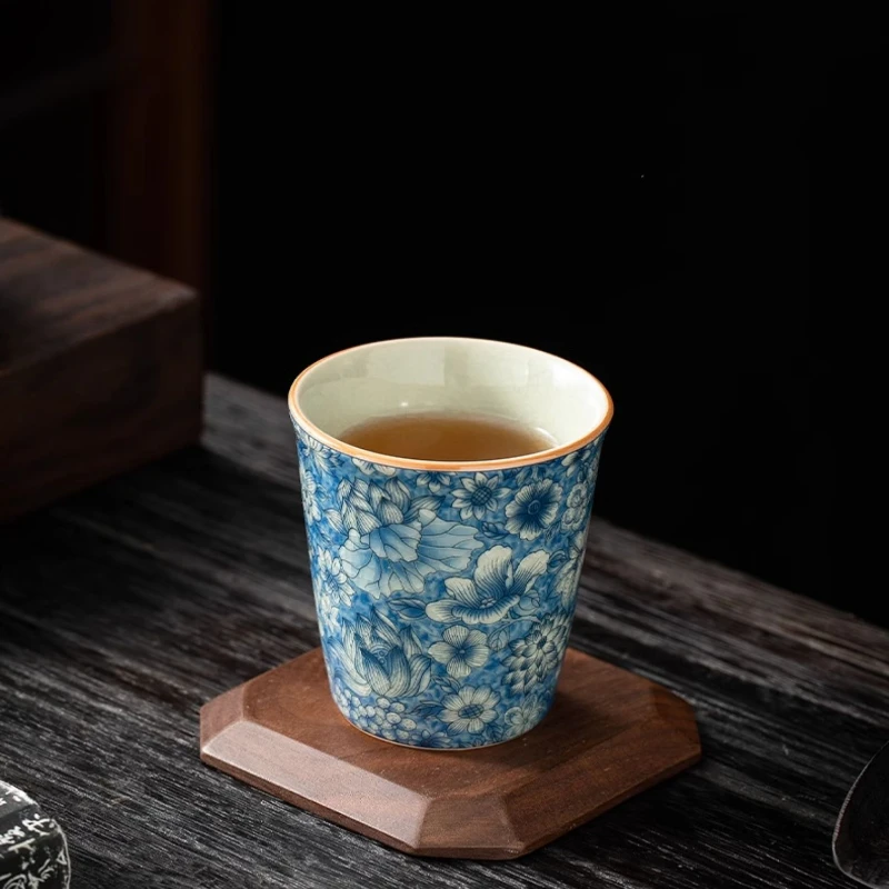 Antique Blue White Ceramic Teacup-Ru Kiln Crackle Glaze, Kung Fu Tea Set, Seasonable Single Cup for Tea Lovers, Personal Use