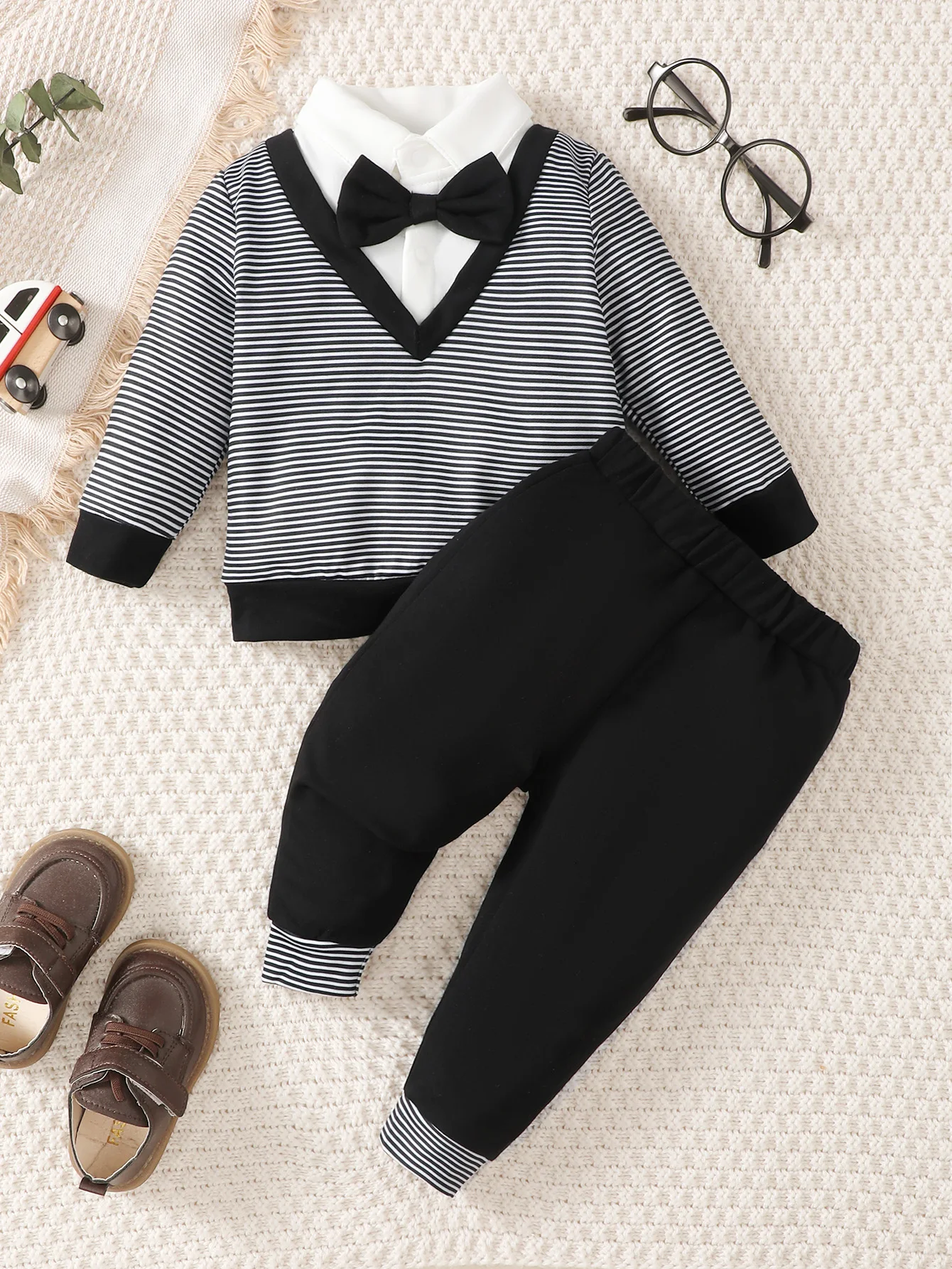 2Pcs Boys’ Spring and Autumn Set Bow Striped Clothes and Pants Set for 0-3 Year Boys’ Fashion Parties Festivals gentry Clothing
