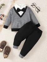 2Pcs Boys’ Spring and Autumn Set Bow Striped Clothes and Pants Set for 0-3 Year Boys’ Fashion Parties Festivals gentry Clothing