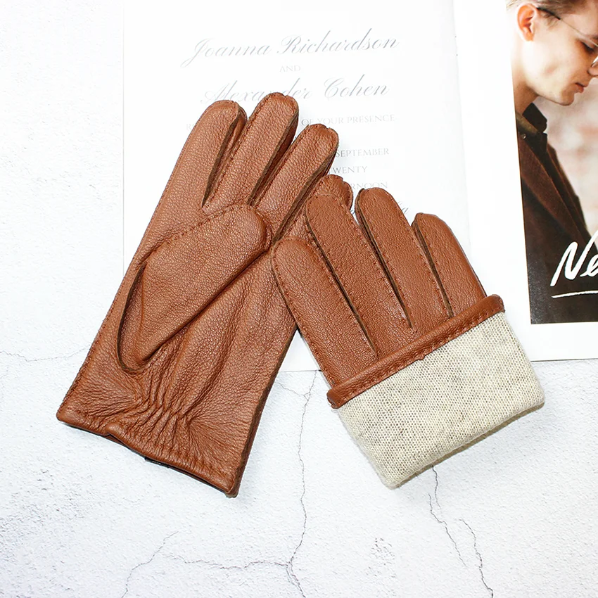 Deer Skin Gloves Men's Touch Screen Dark Brown Genuine Leather Retro Style Autumn and Winter Warm Motorcycle Riding Gloves