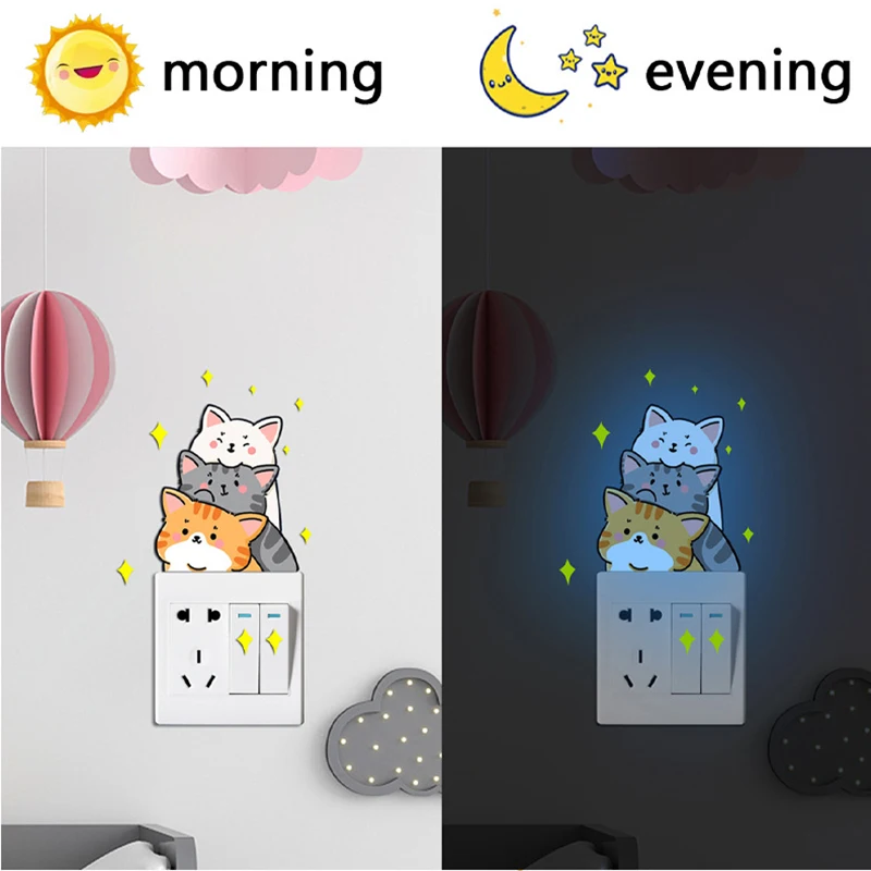 Luminous Stacked Cat Cartoon Switch Stickers Decorative Children's Room Wall Stickers Living Room Bedroom Luminous Self-Adhesive Paper