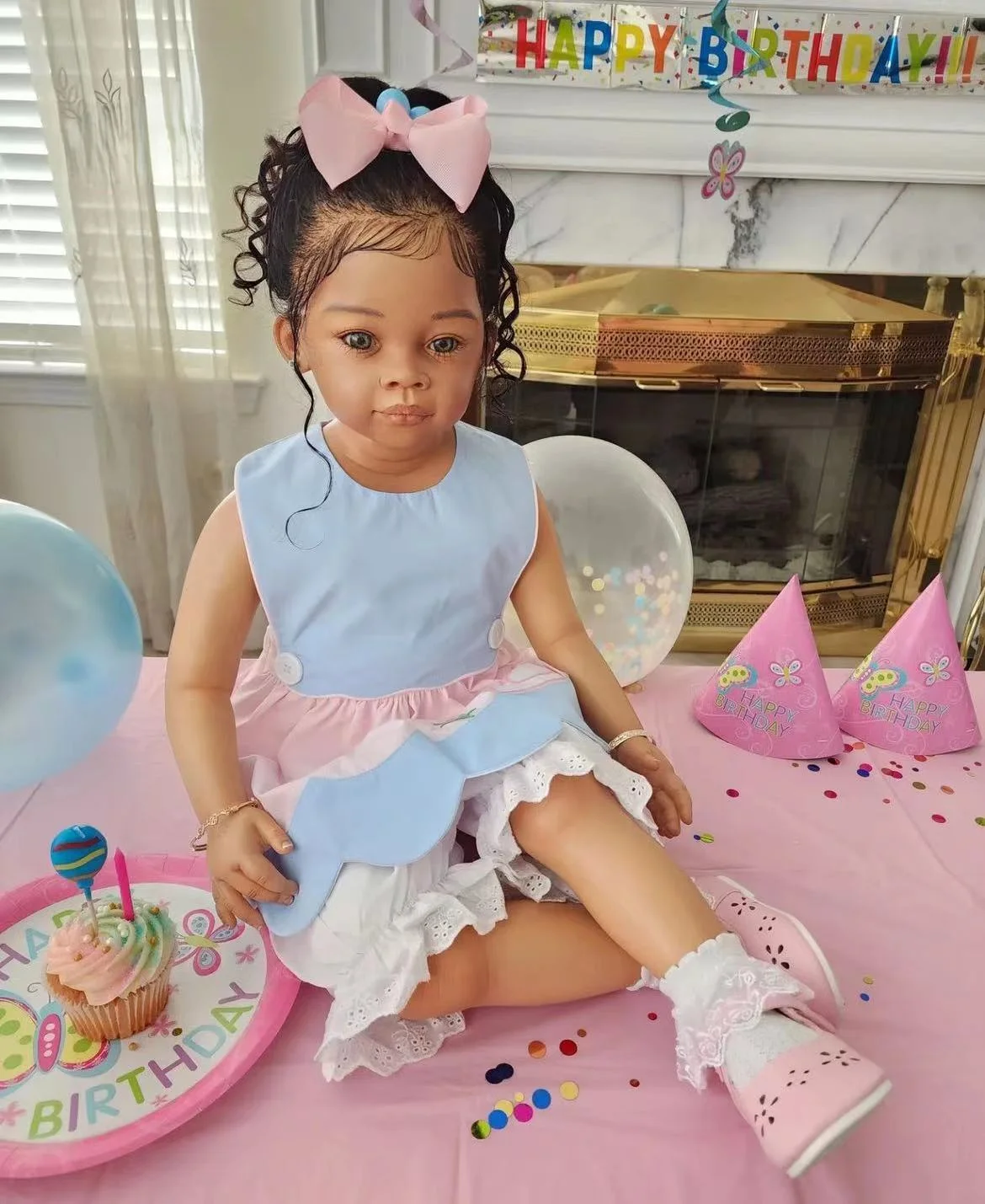 

FBBD Customized Limited Supply 32inch Reborn Baby Doll Meili Dark skin with Curly Hair Already Finished Doll Different Dress
