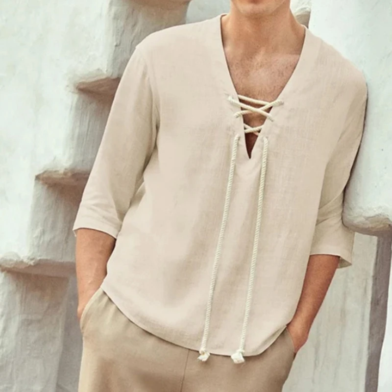 

Summer Men's Short Sleeved Shirt Casual Personality Fashion Lace Up Shirt Solid Color Half Sleeve Simple Top Male Clothes Shirt