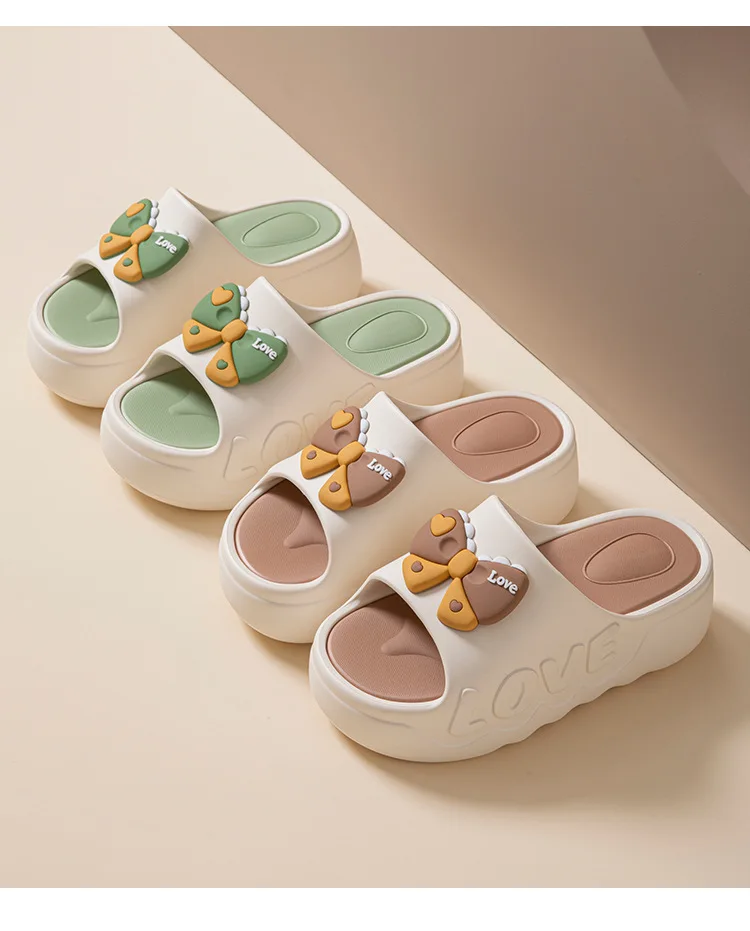 Niedliche Schleifen-Slipper für Damen, weiche Hausschuhe mit Liebesprägung, offene Zehenpartie, hohe Plateau-Slipper für Damen, Indoor- und Outdoor-Schuhe – Detail 13