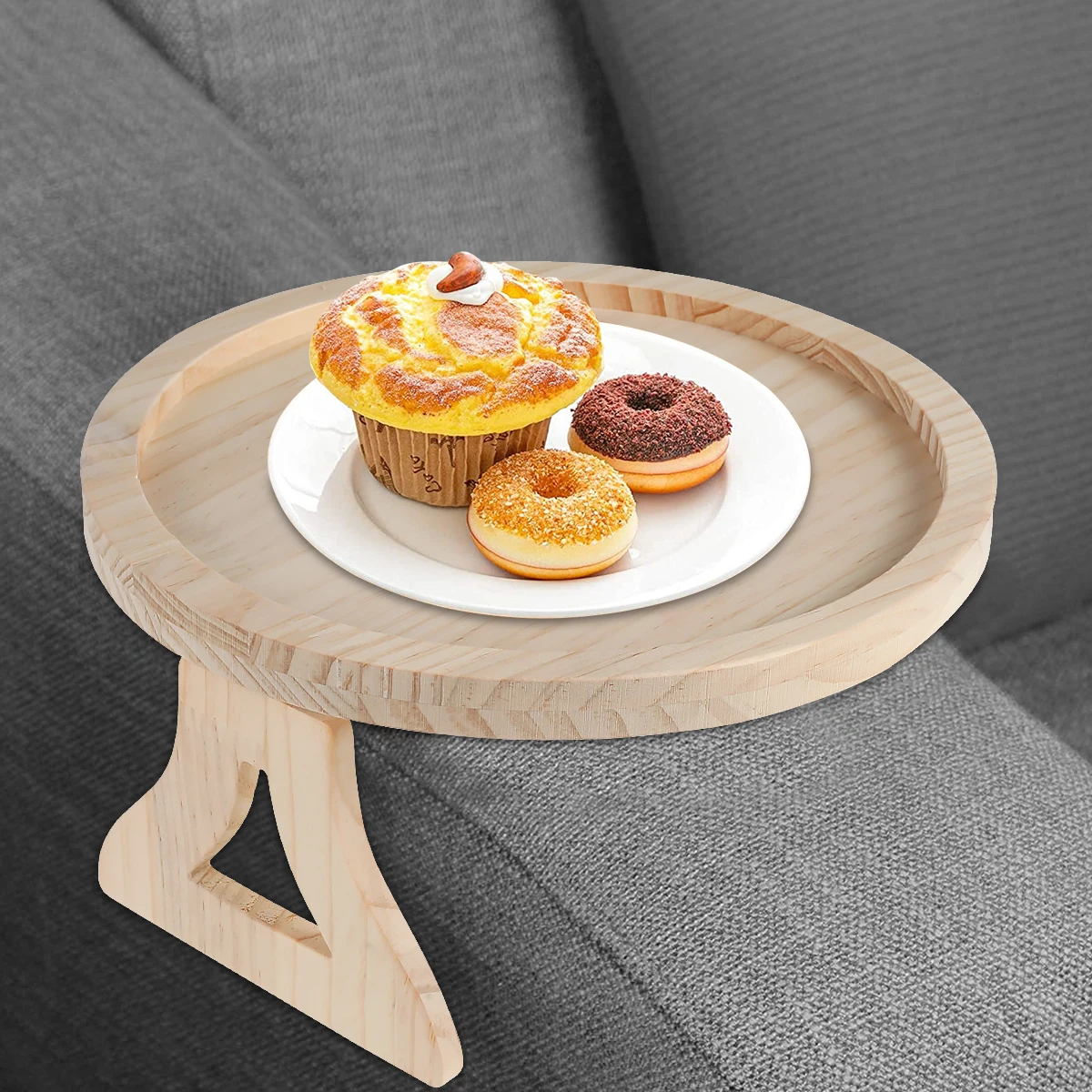 Natural Pine Wood Sofa Side Tables Round Portable and Foldable Sofa Armrest Clip-On Tray Waterproof Sofa Couch Arm Rest 2