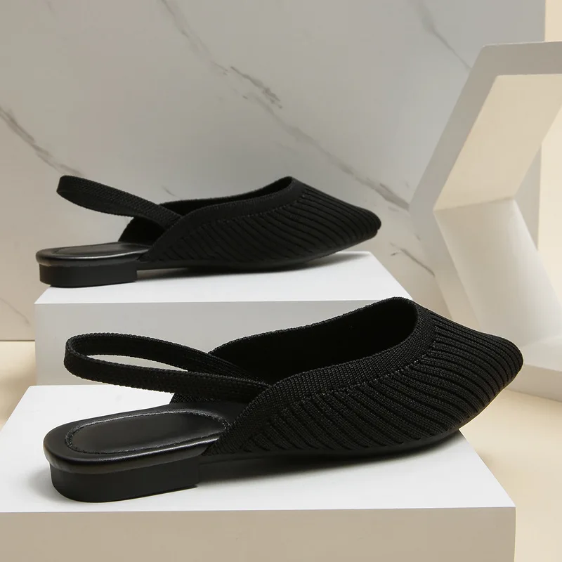 Breathable Woven Fabric Sandals Woman Slingback Rear Strap Shoes Ladies Burgundy Flats Slippers 3D Stretch Polyester Loafer