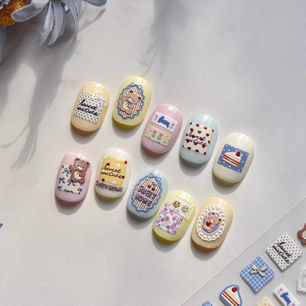 1개 귀여운 나비넥타이 5D 네일 아트 스티커 패치 데님 곰 말 귀여운 동물 리본 네일 데칼 DIY 매니큐어 장식 팁