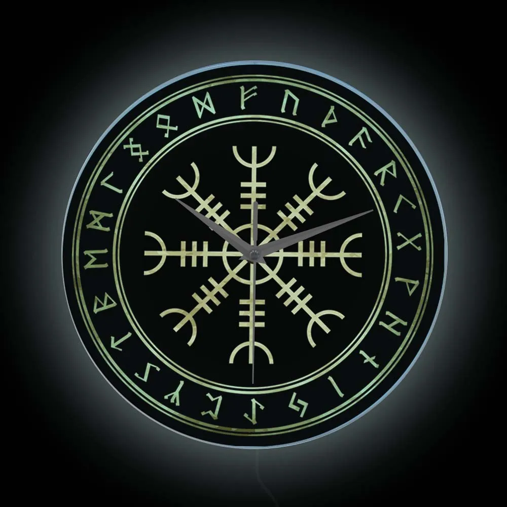 

Aegishjalmur Helm Of Awe LED Wall Clock With Backlight Viking Pattern Helm Rune Icelandic Magical Home Decor Neon Light Clock