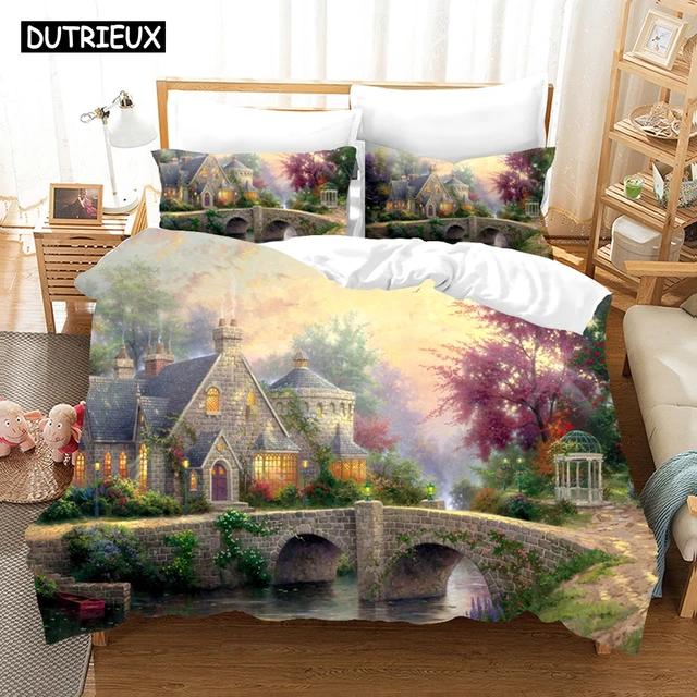 Fantasy Oil Painting Bedding Set House Bridge Scenery Duvet Cover Set Bedroom Bed Bedclothes Decor Luxury Gift Queen King Size