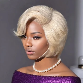 Pixie Cut Wig 250% Brazilian 613 blonde Straight Glueless Wig Short Bob HD Transparent Lace Front Human Hair Wig For black Women 1