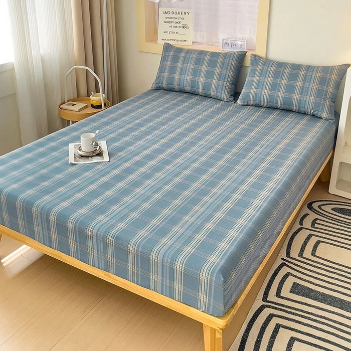 1pc 100%Cotton Bed Sheet with Elastic Band Japanese Style Plaid Printed Fitted Sheet Single/Queen/King  Bedsheet for Double Bed 2