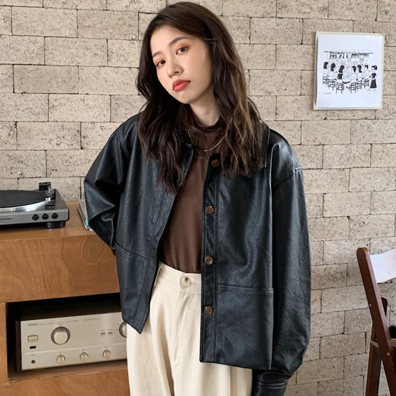 Casual Women's Leather Jacket Spring Autumn 2024 New Retro Lapel Single Breasted Faux Leather Short Coats Tops jaqueta de couro