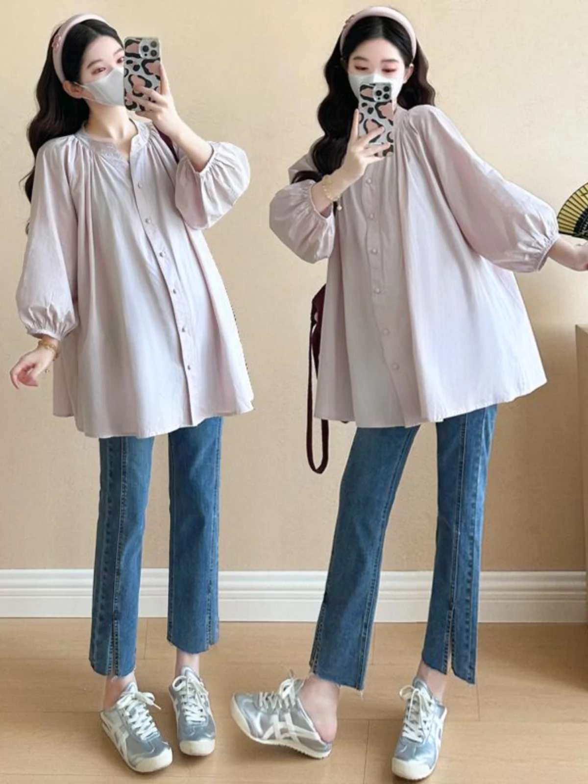 임산부 셔츠 봄 가을 유행하는 루즈핏 배 가리개 인형 드레스 긴팔 V넥 순면 기본 포장