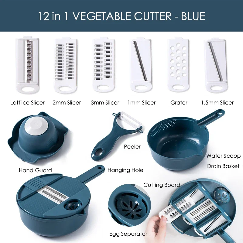 12 Functions Vegetable Chopper Carrots Potatoes Grater Vegetable Cutter Slicer Potato Peeler Manual Garlic Onion Chopper Kitchen