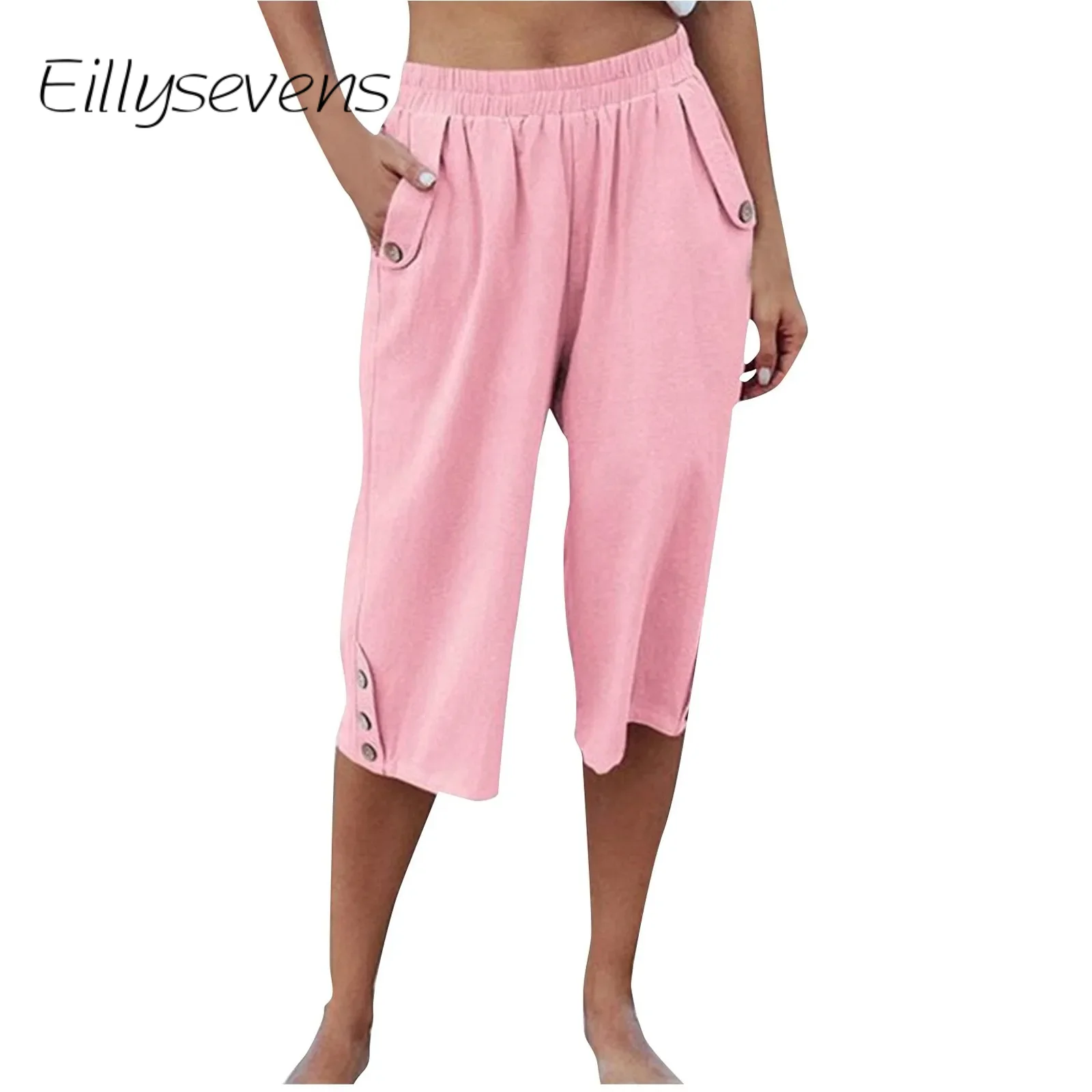 

Linen Cropped Pants For Ladies Button Casual Solid Color Pants Solid Color 2024 Summer New 3/4 Trousers High Waist With Pockets
