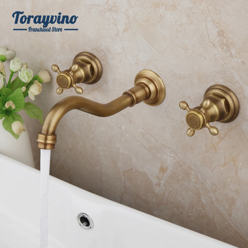 Torayvino Bathroom Bathtub Basin Faucet Antique Brass Wall Mounted Separate Installation Dual