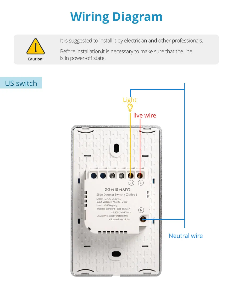 EU US Dimmer Switch Zigbee 1 Gang Light Switch with Slider for Percentage Contro